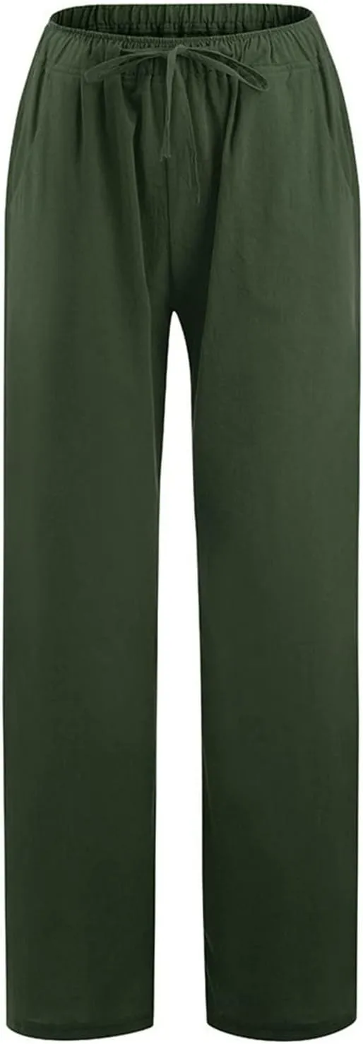 Women's Cotton Linen Pants Summer Straight Leg Palazzo Pants Loose High Waist Drawstring Casual Trousers with Pockets