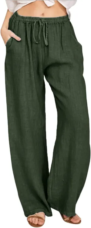 Women's Cotton Linen Pants Summer Straight Leg Palazzo Pants Loose High Waist Drawstring Casual Trousers with Pockets