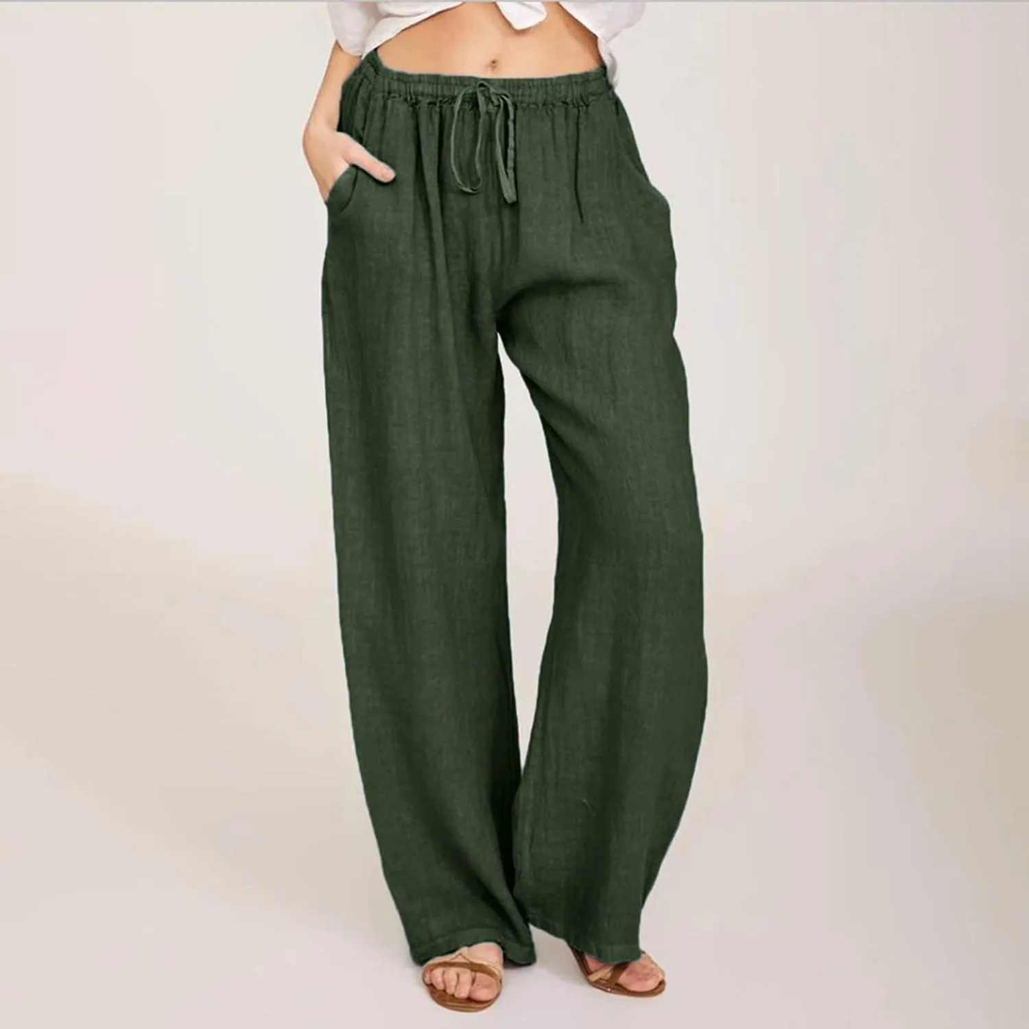 Women's Cotton Linen Pants Summer Straight Leg Palazzo Pants Loose High Waist Drawstring Casual Trousers with Pockets