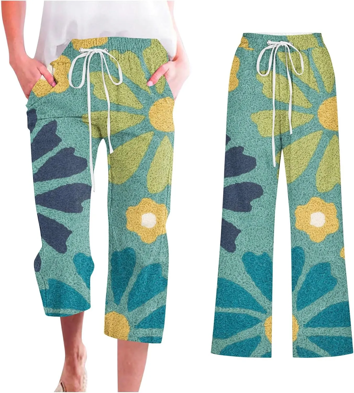 Women's Cropped Work Pants Elastic Waisted Casual Straight Leg Trousers with Pockets Trendy Print Drawstring Pants