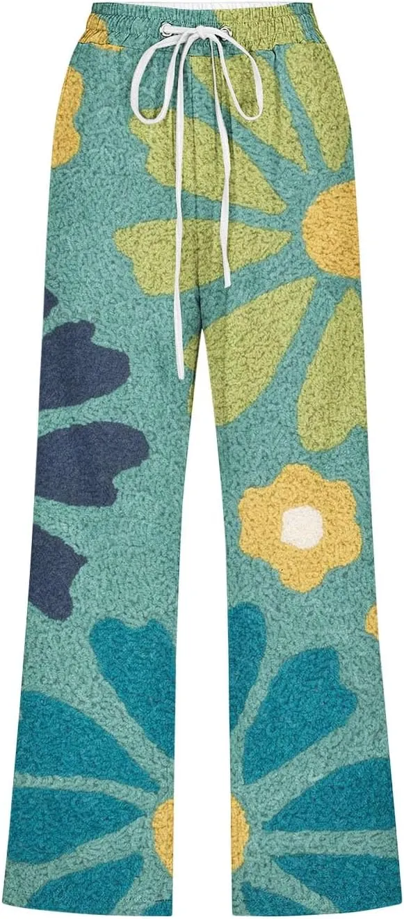 Women's Cropped Work Pants Elastic Waisted Casual Straight Leg Trousers with Pockets Trendy Print Drawstring Pants