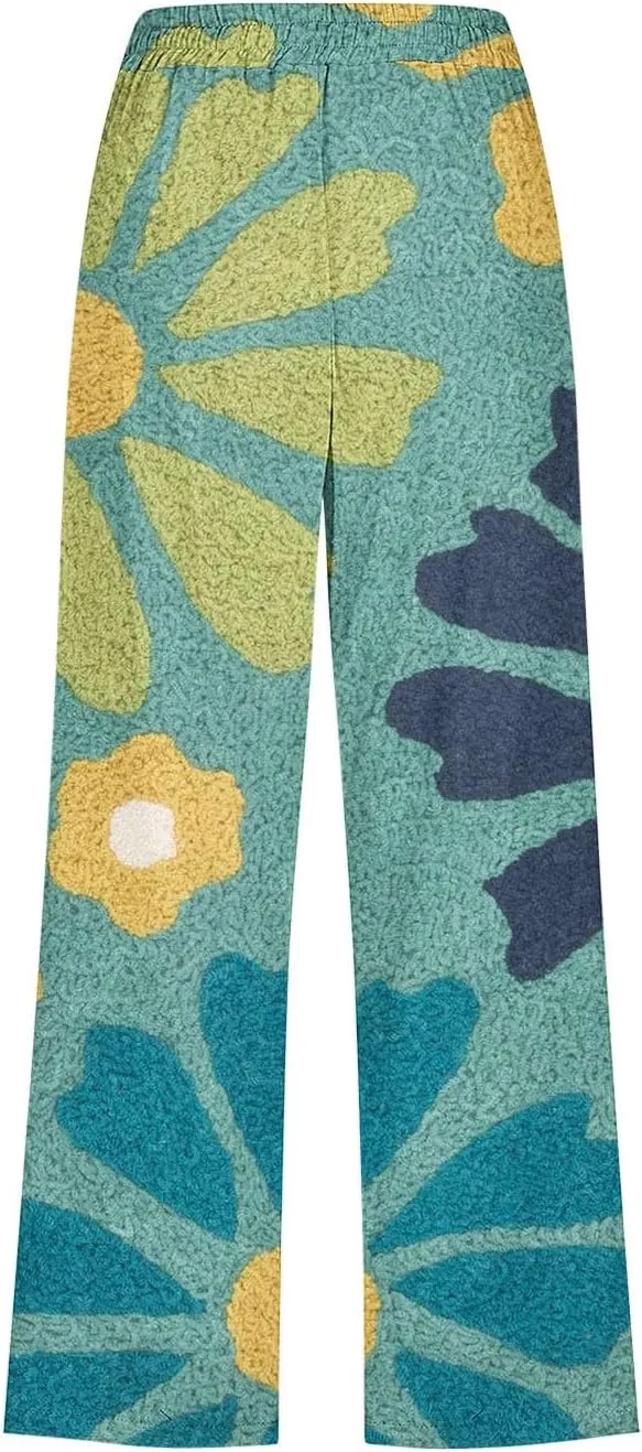 Women's Cropped Work Pants Elastic Waisted Casual Straight Leg Trousers with Pockets Trendy Print Drawstring Pants