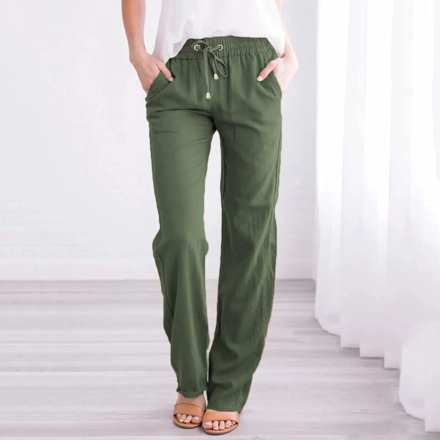 Womens High Waist Casual Linen Pants Drawstring Straight Leg Beach Pants Elastic Waist Lounge Trousers with Pockets