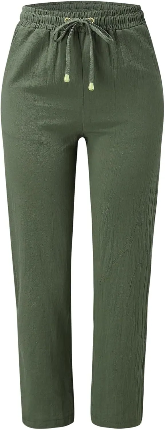 Womens High Waist Casual Linen Pants Drawstring Straight Leg Beach Pants Elastic Waist Lounge Trousers with Pockets