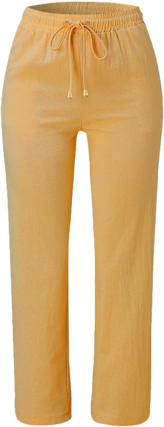 Womens High Waist Casual Linen Pants Drawstring Straight Leg Beach Pants Elastic Waist Lounge Trousers with Pockets