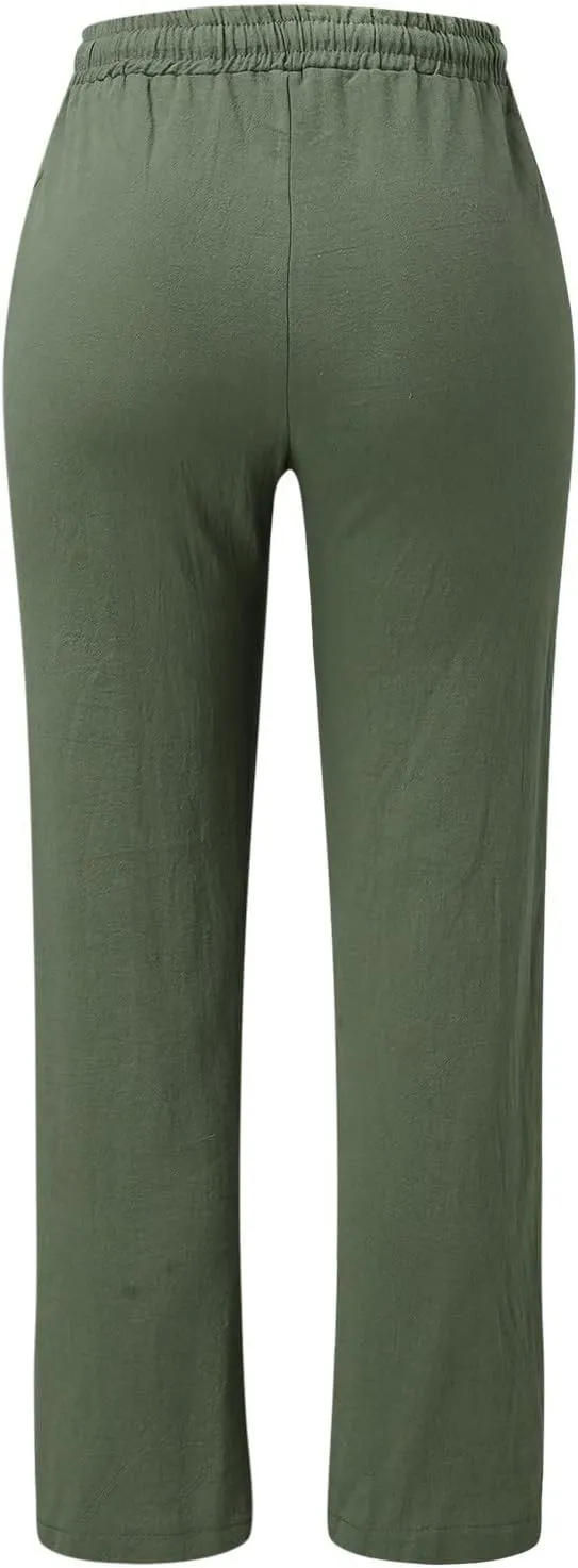 Womens High Waist Casual Linen Pants Drawstring Straight Leg Beach Pants Elastic Waist Lounge Trousers with Pockets