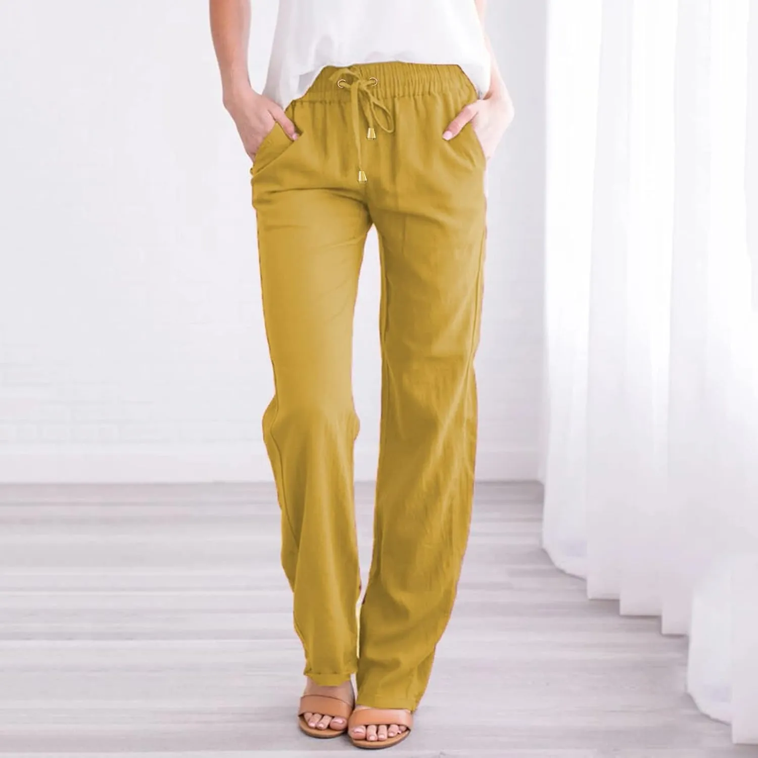Womens High Waist Casual Linen Pants Drawstring Straight Leg Beach Pants Elastic Waist Lounge Trousers with Pockets