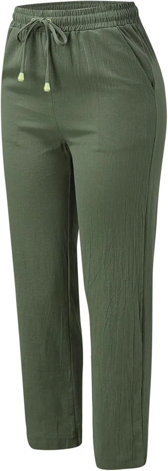 Womens High Waist Casual Linen Pants Drawstring Straight Leg Beach Pants Elastic Waist Lounge Trousers with Pockets
