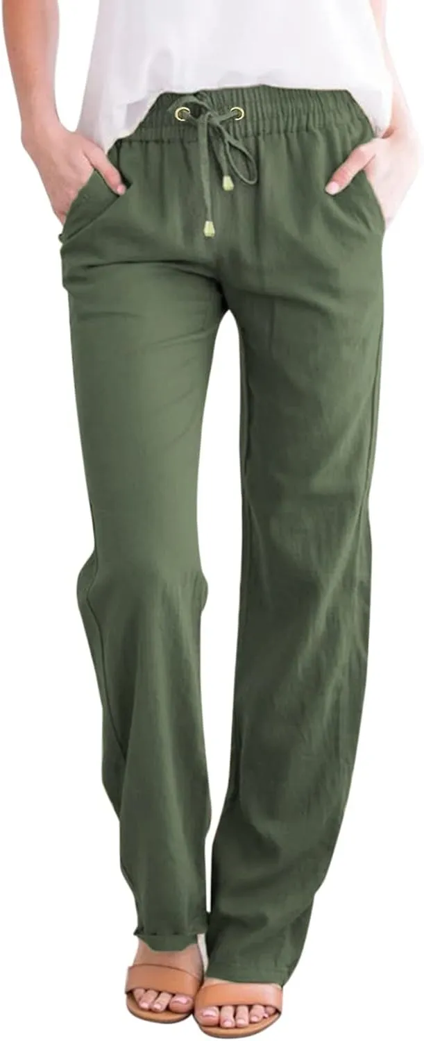 Womens High Waist Casual Linen Pants Drawstring Straight Leg Beach Pants Elastic Waist Lounge Trousers with Pockets