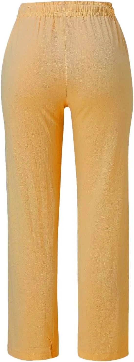 Womens High Waist Casual Linen Pants Drawstring Straight Leg Beach Pants Elastic Waist Lounge Trousers with Pockets