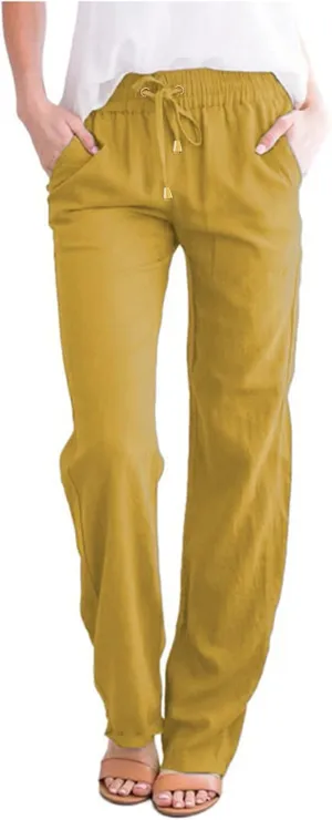 Womens High Waist Casual Linen Pants Drawstring Straight Leg Beach Pants Elastic Waist Lounge Trousers with Pockets