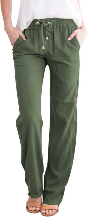 Womens High Waist Casual Linen Pants Drawstring Straight Leg Beach Pants Elastic Waist Lounge Trousers with Pockets