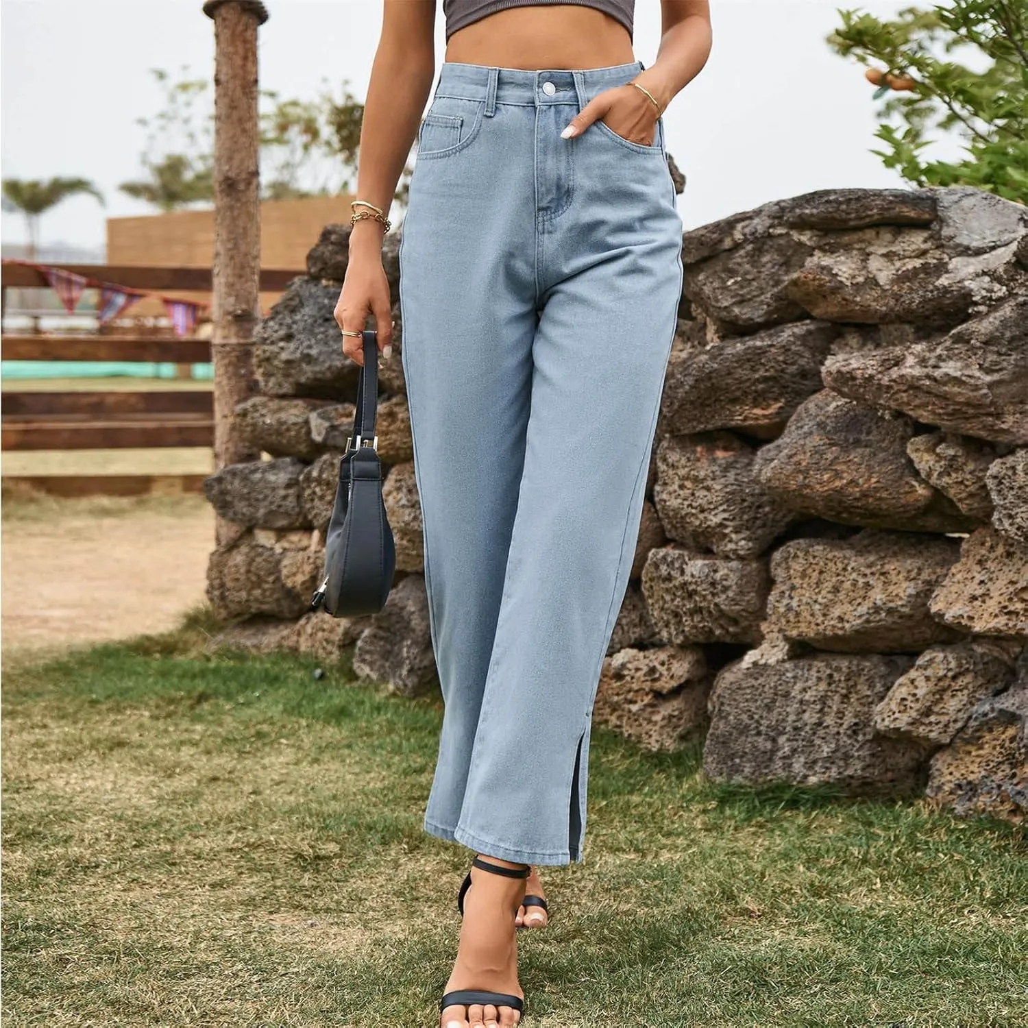 Women's Straight Leg Denim Pants High Waisted Rolled Hem Jeans Stretch Loose Casual Comfy Trendy Streetwear Trousers