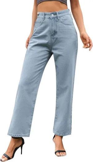 Women's Straight Leg Denim Pants High Waisted Rolled Hem Jeans Stretch Loose Casual Comfy Trendy Streetwear Trousers